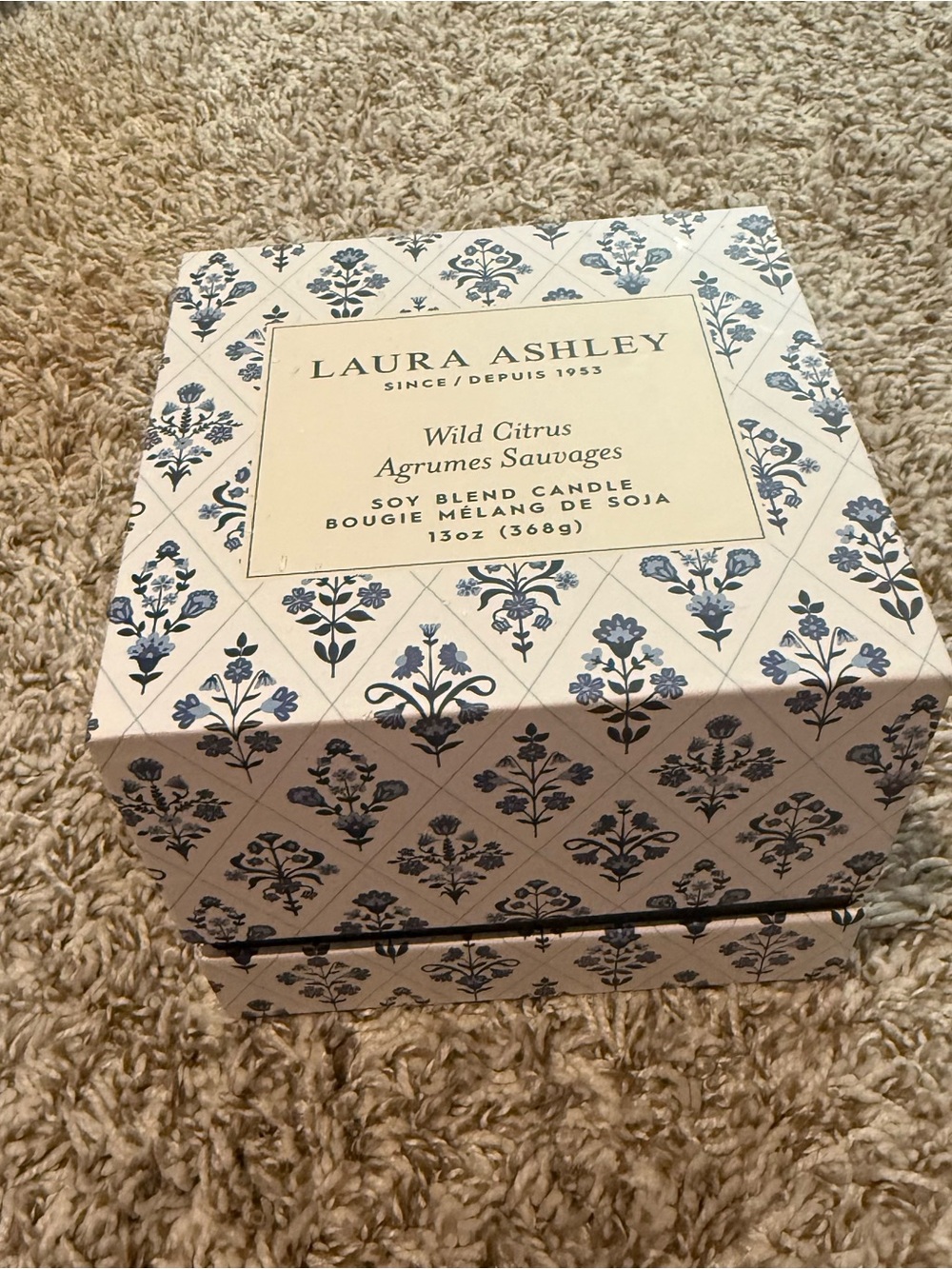 Laura Ashley Wild Citrus Decorative Boxed Candle - Light Blue and Cream